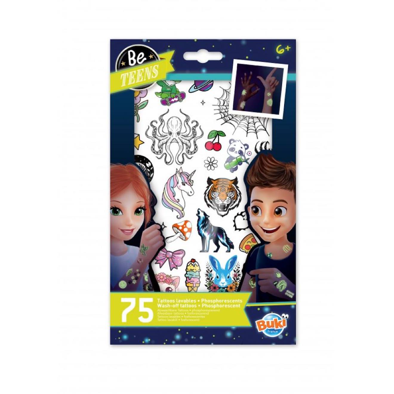 75 Tattoos Lavables Phosphorescents Blanc