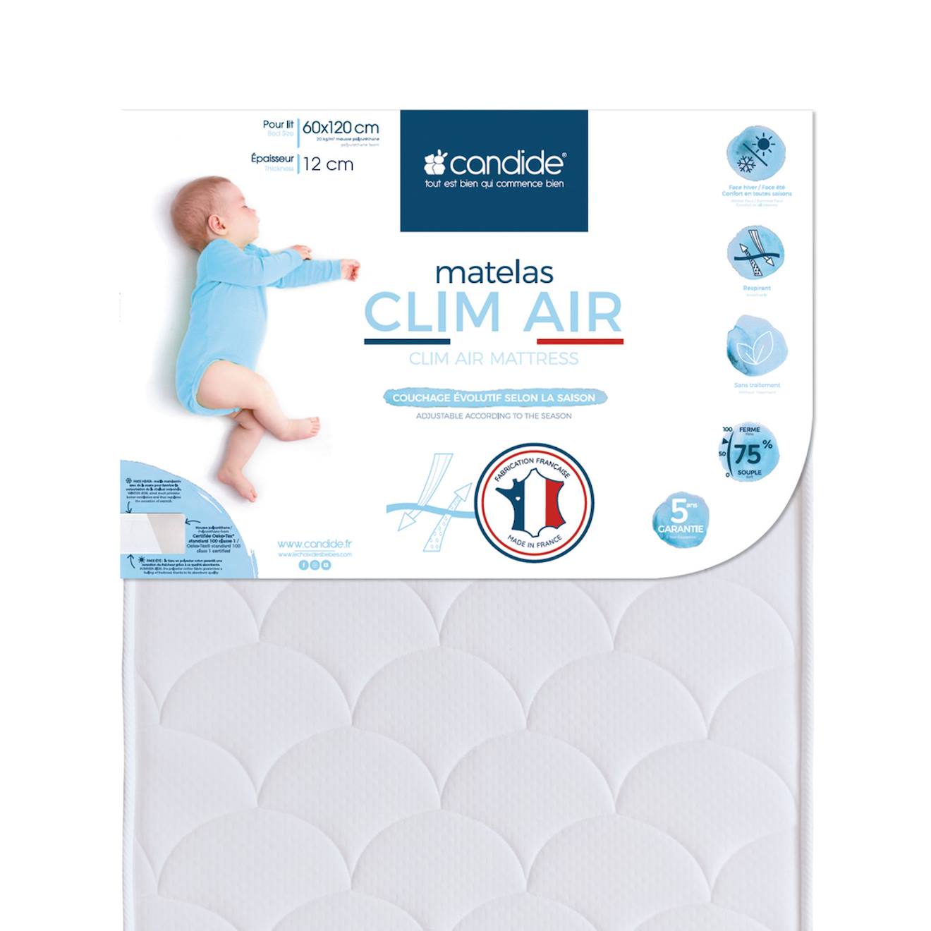 Matelas Bébé Clim Air Ventilé - Face Été/face Hiver Blanc