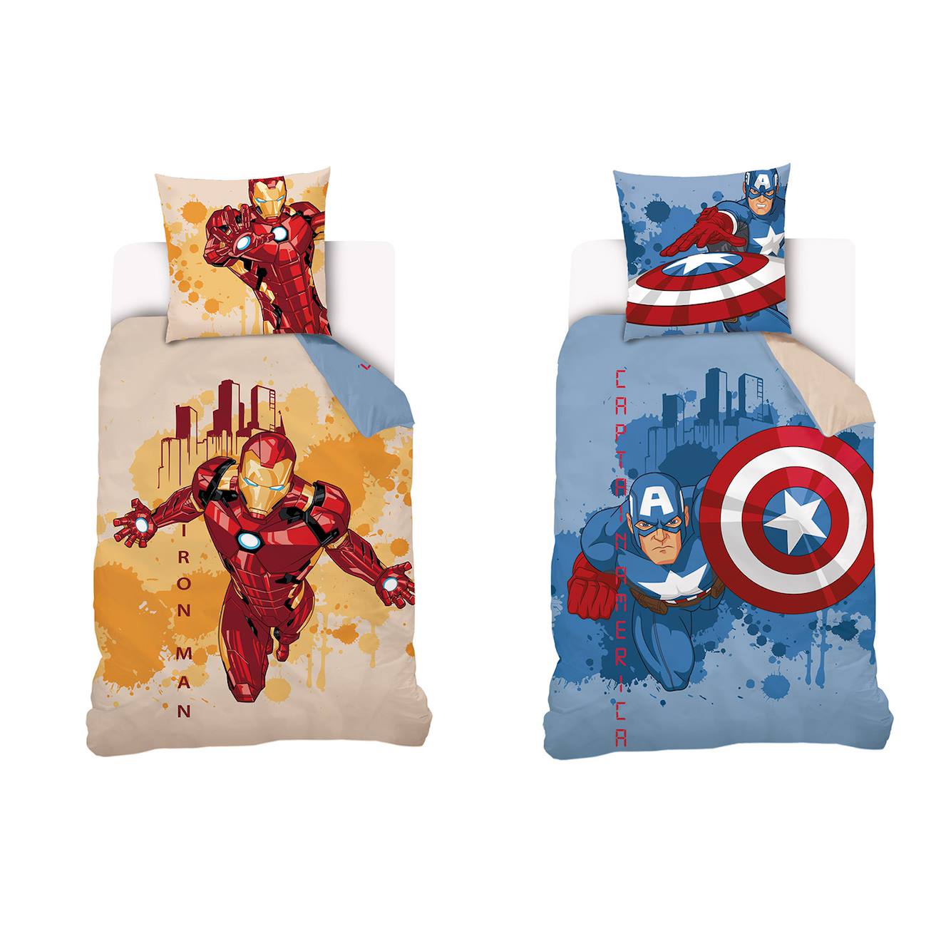 Housse De Couette Captain America Et Iron Man Marvel Recto/verso Coton Bleu
