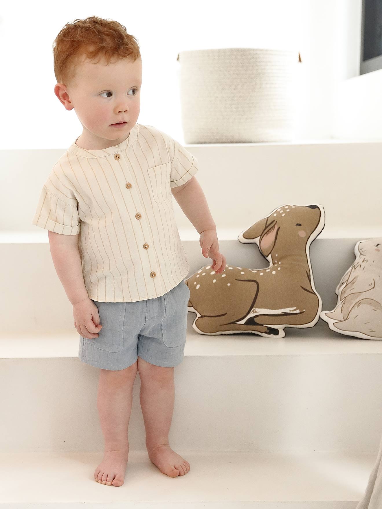 Ensemble bébé chemise rayée effet lin + short en gaze bleu grisé