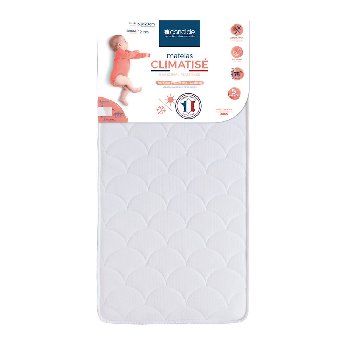 Matelas Bébé Climatisé - Face Été/face Hiver Blanc (Candide) - Image 1