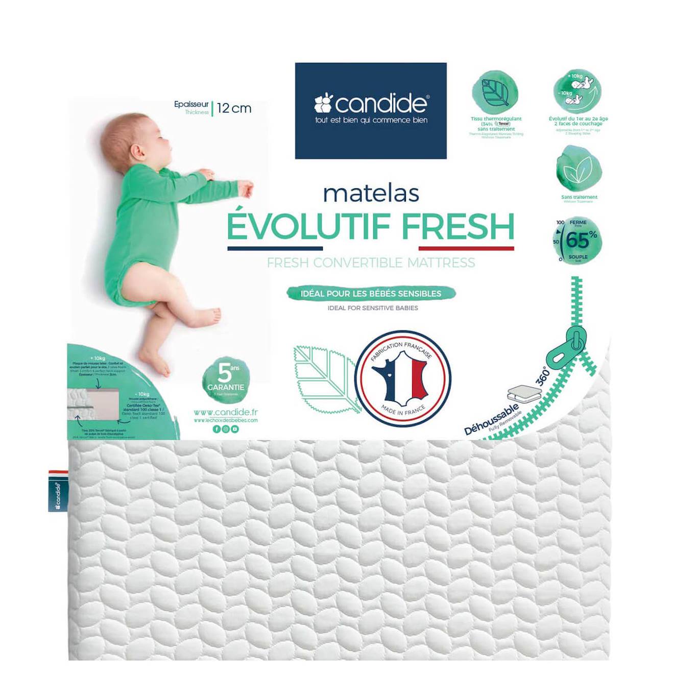 Matelas Bébé Évolutif Fresh - Ete/hiver - Peau Sensible Blanc
