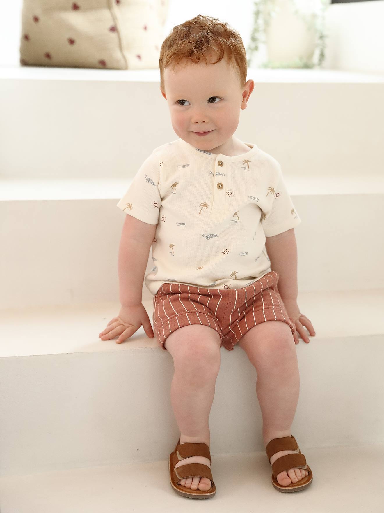 Short rayé bébé en gaze de coton terracotta
