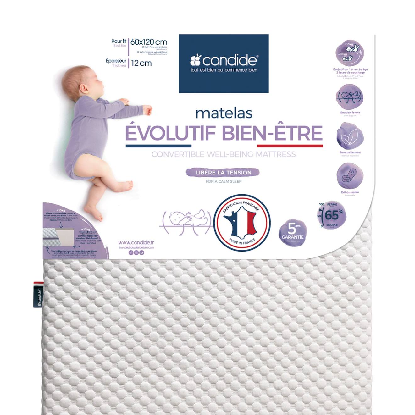 Matelas Bébé Évolutif Bien-être Déhoussable Blanc