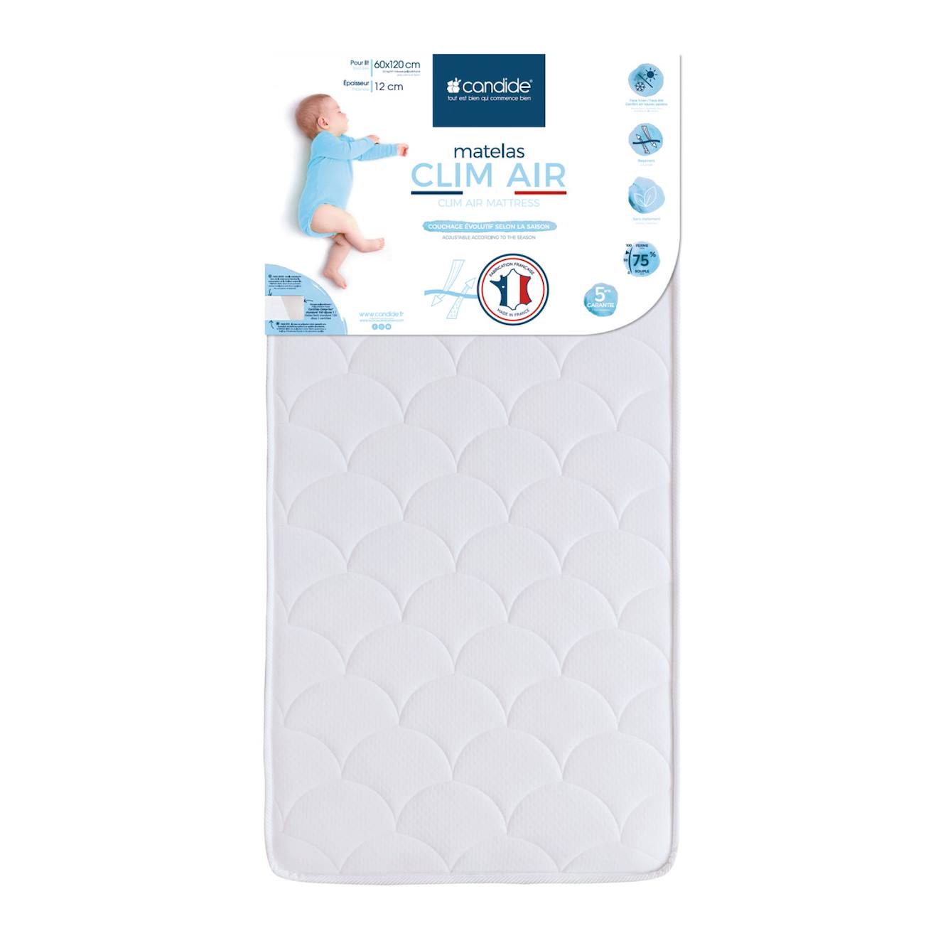 Matelas Bébé 60x120cm Clim Air Blanc (Candide) - Image 1