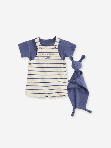Bébé-Salopette, combinaison-Coffret 3 pièces tee-shirt + salopette + doudou bébé personnalisable