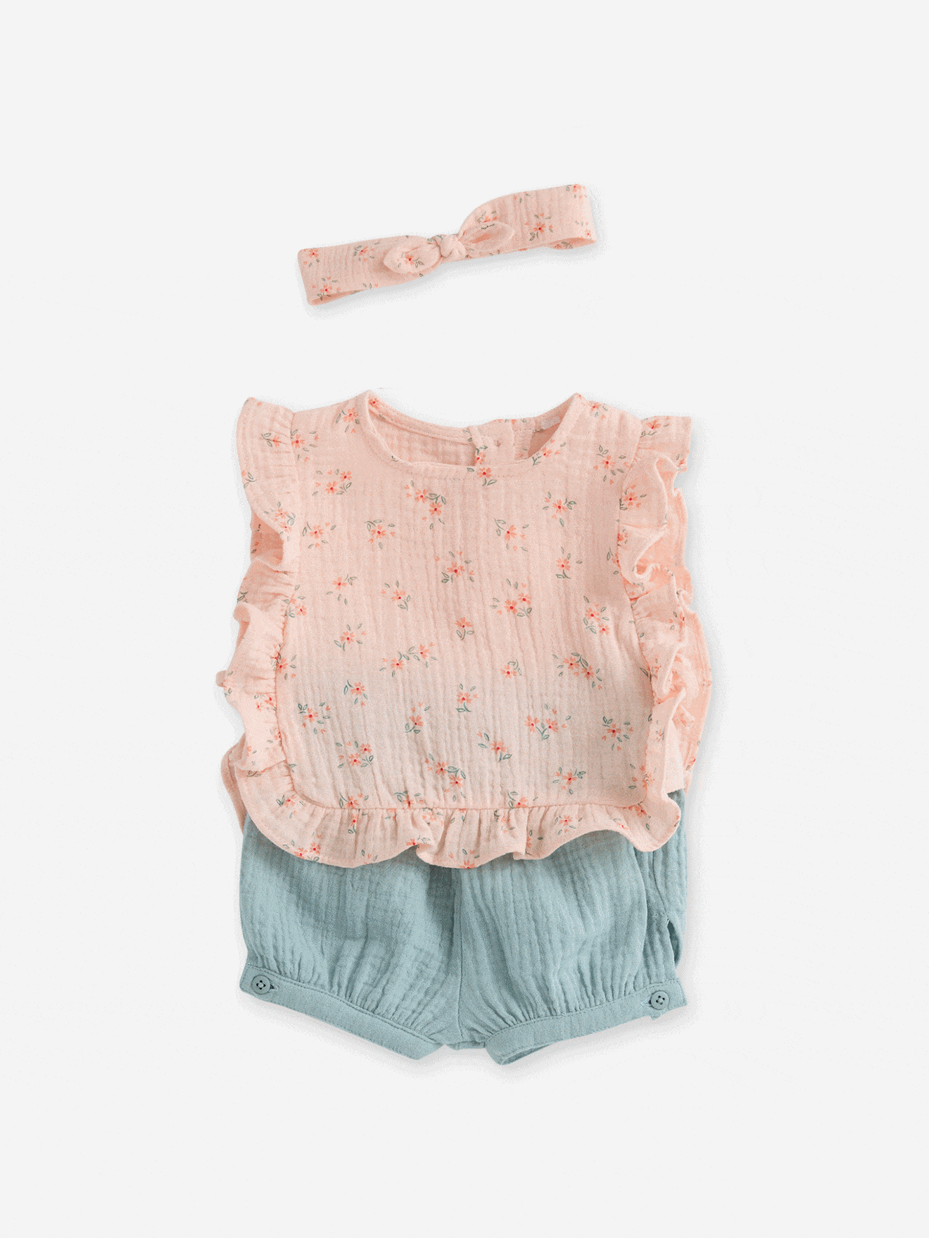 Ensemble bébé : blouse + short + bandeau en gaze de coton rose pâle