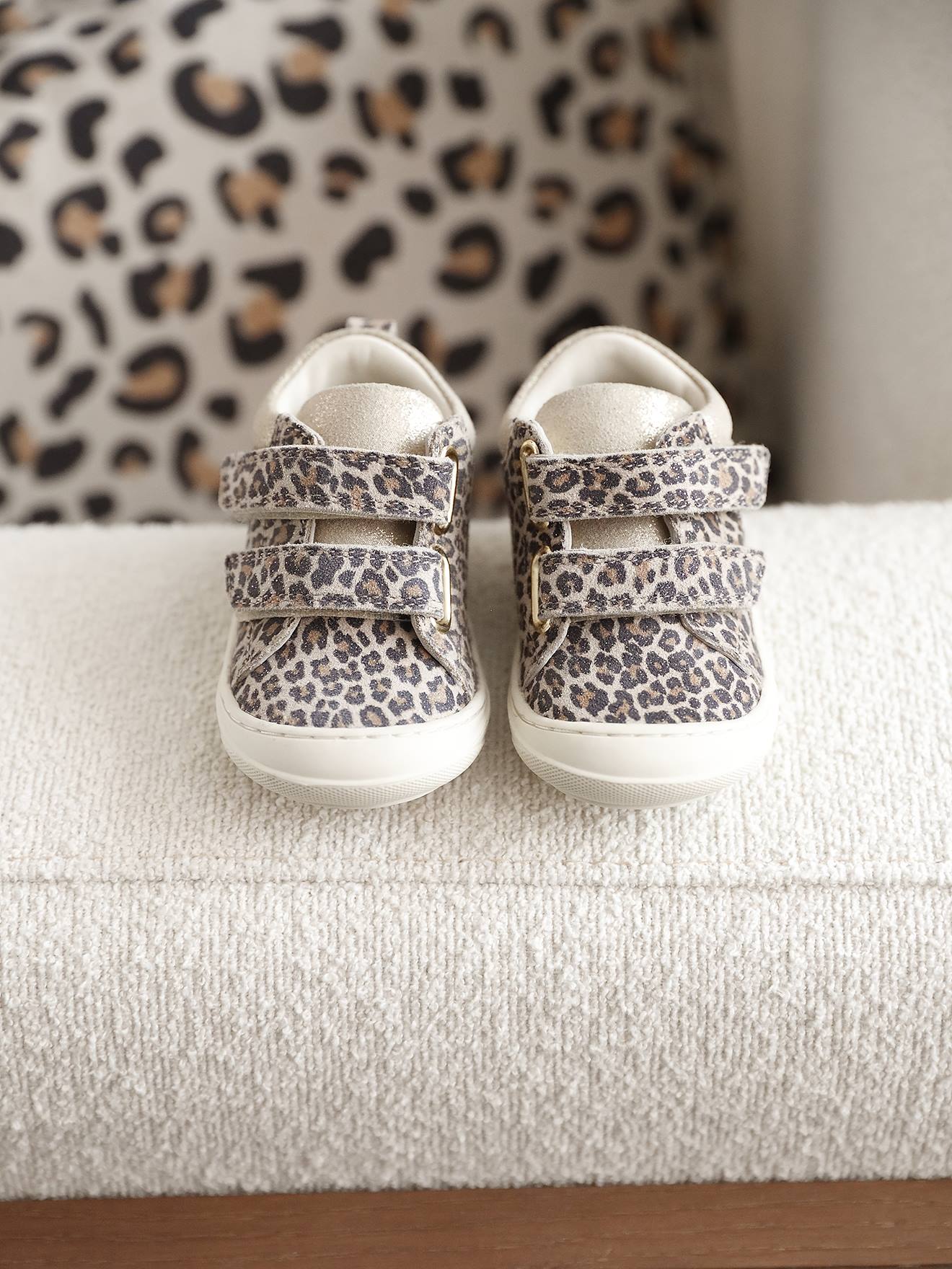 Chaussures premiers pas bébé velcro beige imprimé