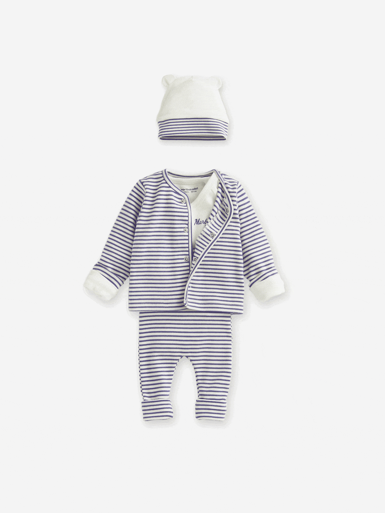 Ensemble bébé évolutif mixte body + legging + cardigan + bonnet bleu