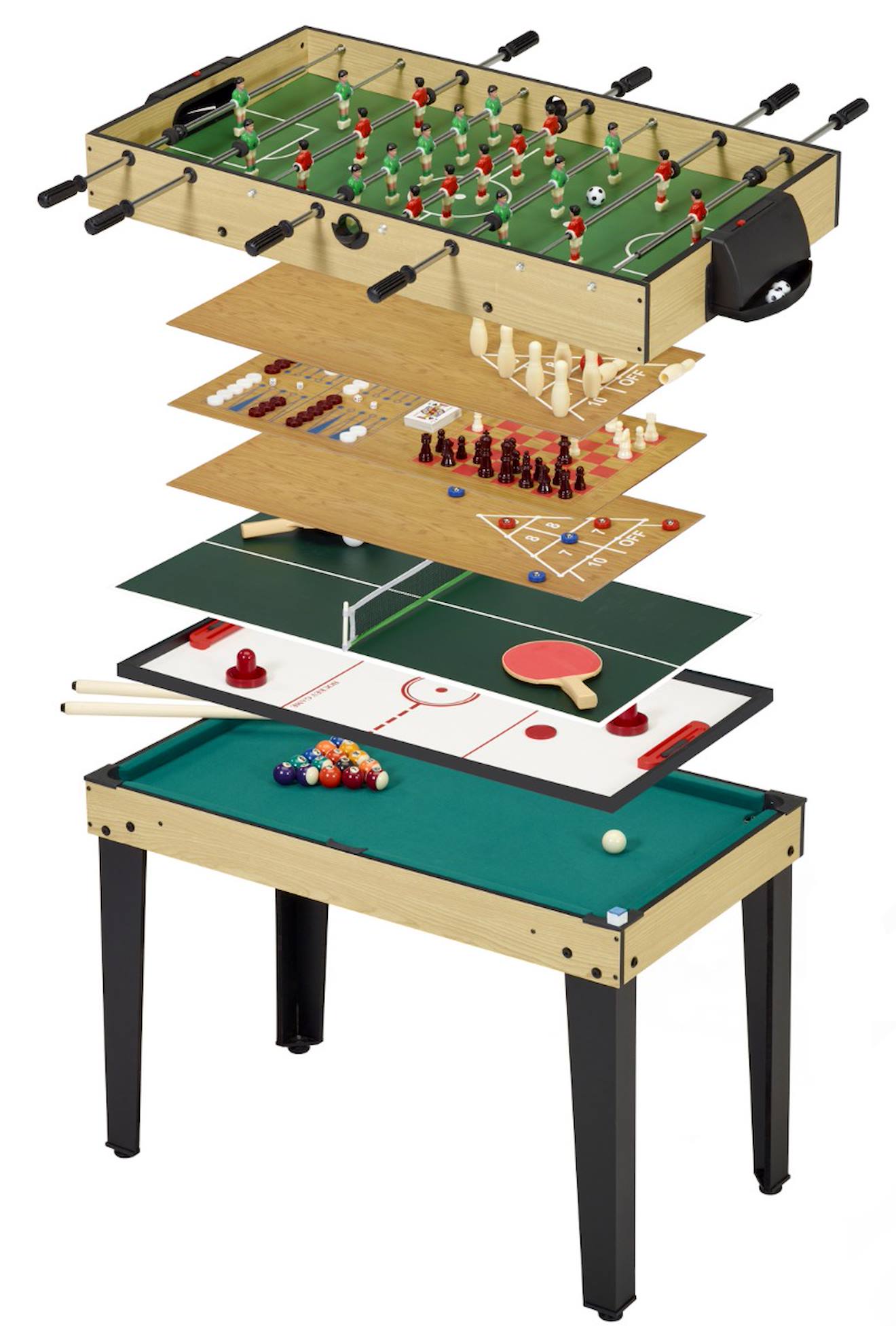 Table De Jeux 10 En 1 - Baby-foot - Billard - Ping Pong - Hockey - Bowling - Cartes - Structure Bois - Accessoires Inclus Noir