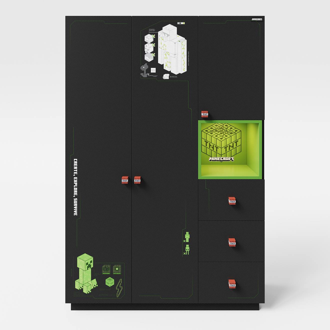 Armoire Minecraft 3 Portes Et 3 Tiroirs Avec Éclairage Led Noir - Effet Carbone Noir