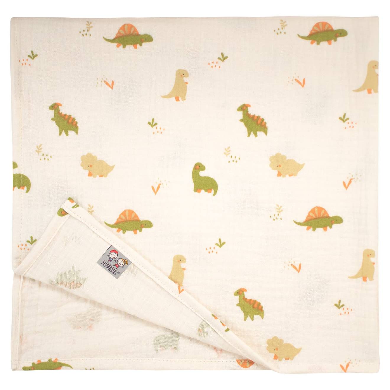 Lange En Gaze De Coton Dino Dinosaures, Écru, Vert