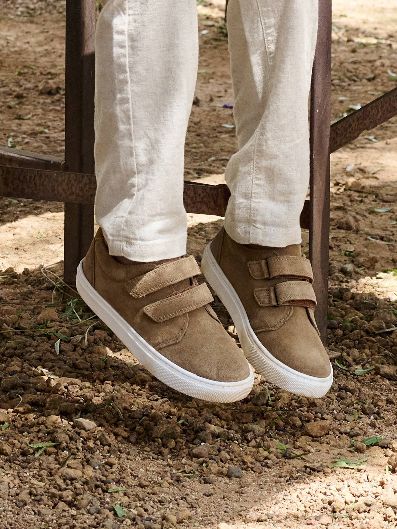 Derbies garçon cuir à scratchs marron moyen uni