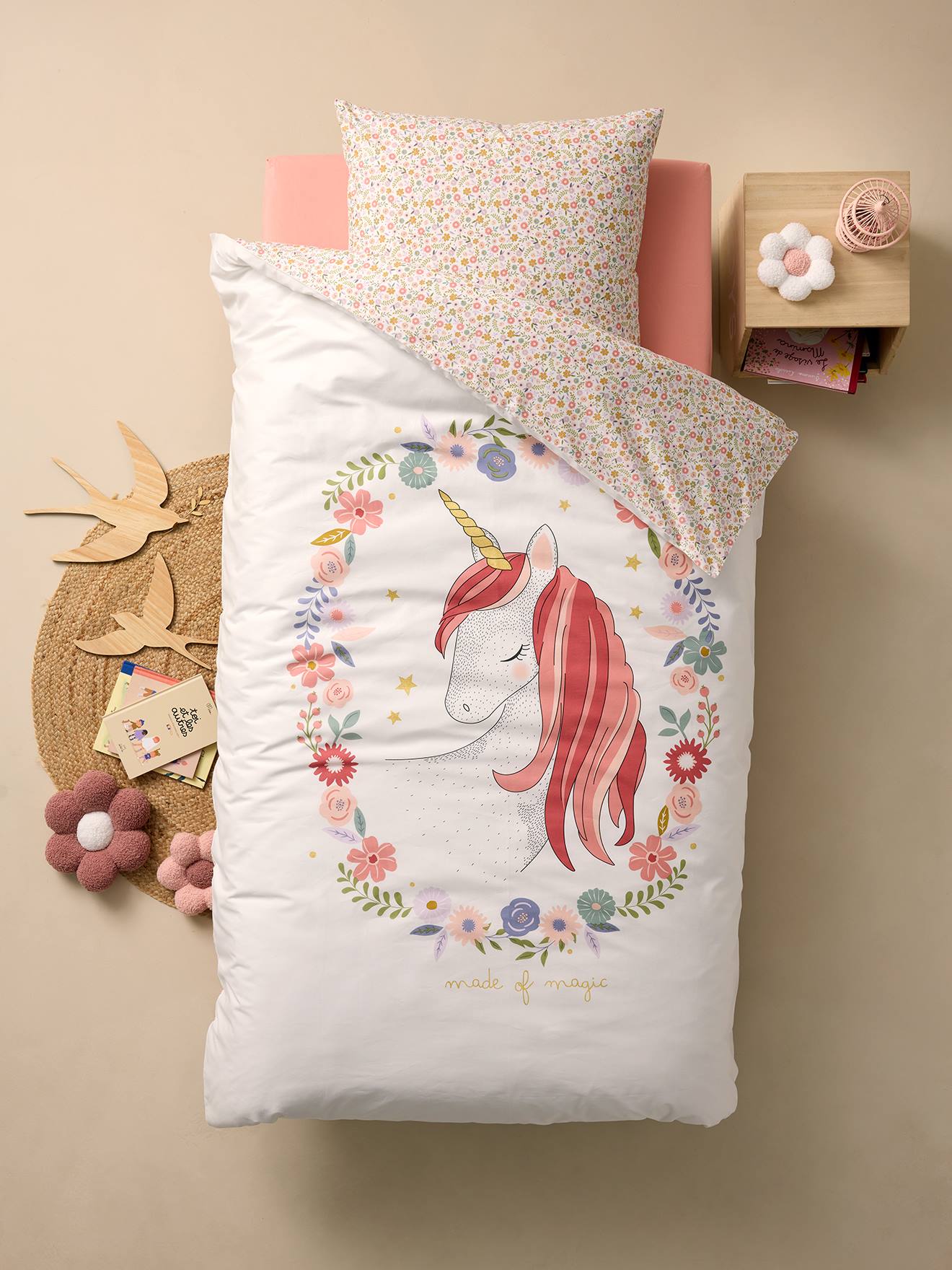 Parure housse de couette + taie d'oreiller enfant PETITE LICORNE, avec coton recyclé blanc imprimé
