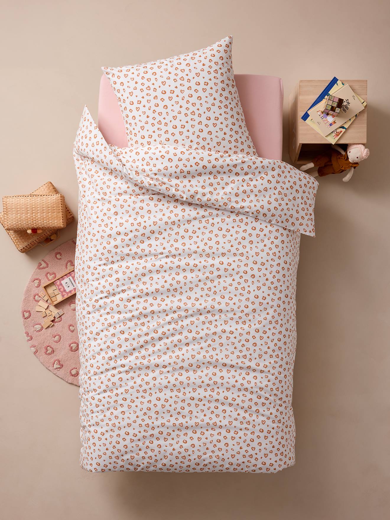 Parure de lit housse de couette + taie d'oreiller enfant essentiels LEOPARD, avec coton recyclé blanc imprimé