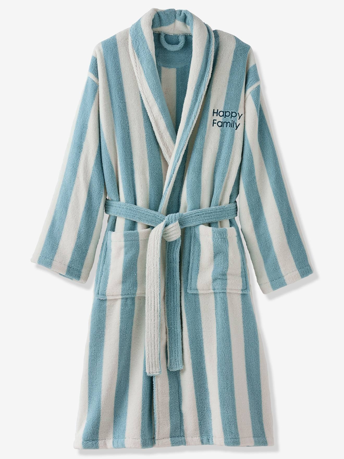 Peignoir de bain adulte mixte rayures TRANSAT capsule famille personnalisable, avec coton recyclé rayé bleu
