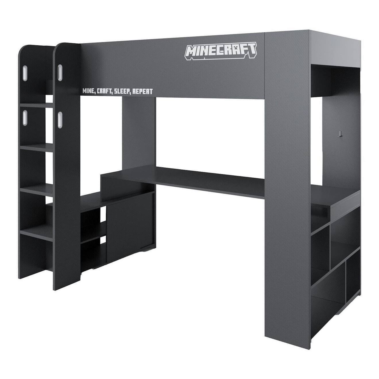 Lit Mezzanine Minecraft Avec Bureau Et Éclairage Led Noir - Effet Carbone Noir