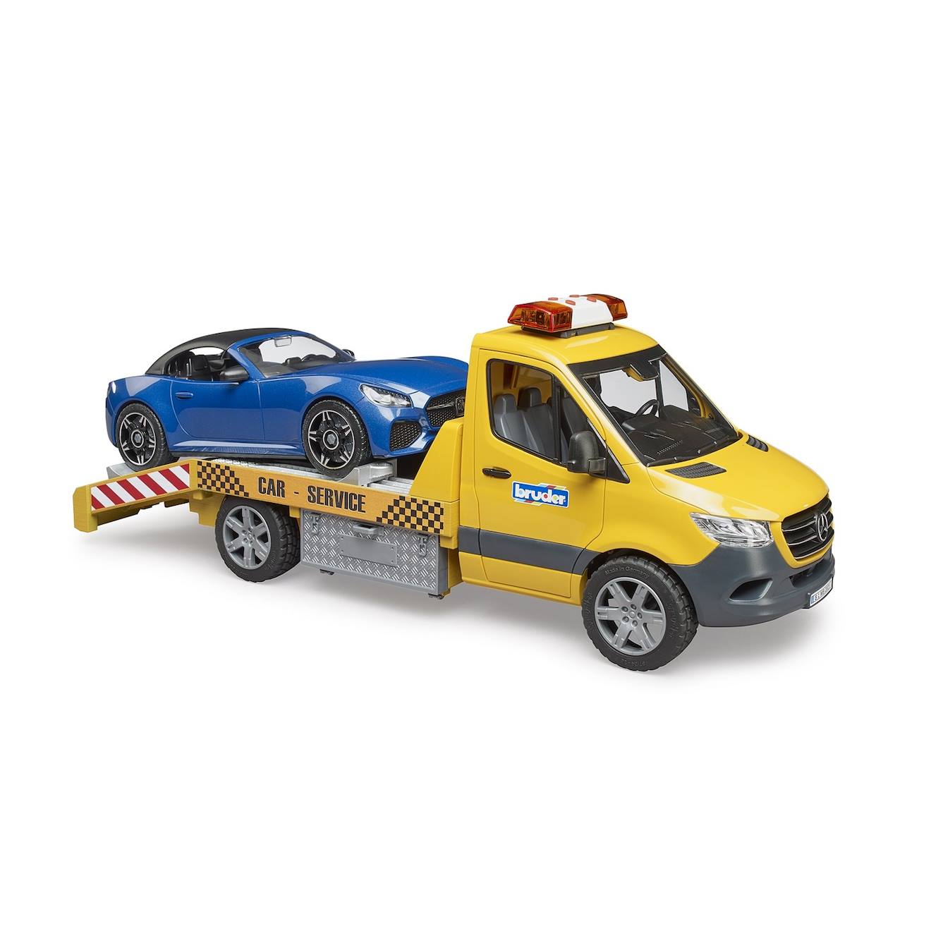 Camion De Dépannage Mercedes Benz Sprinter, Avec Véhicule Bruder Roadster Et Module Son Et Lumière Jaune Et Bleu