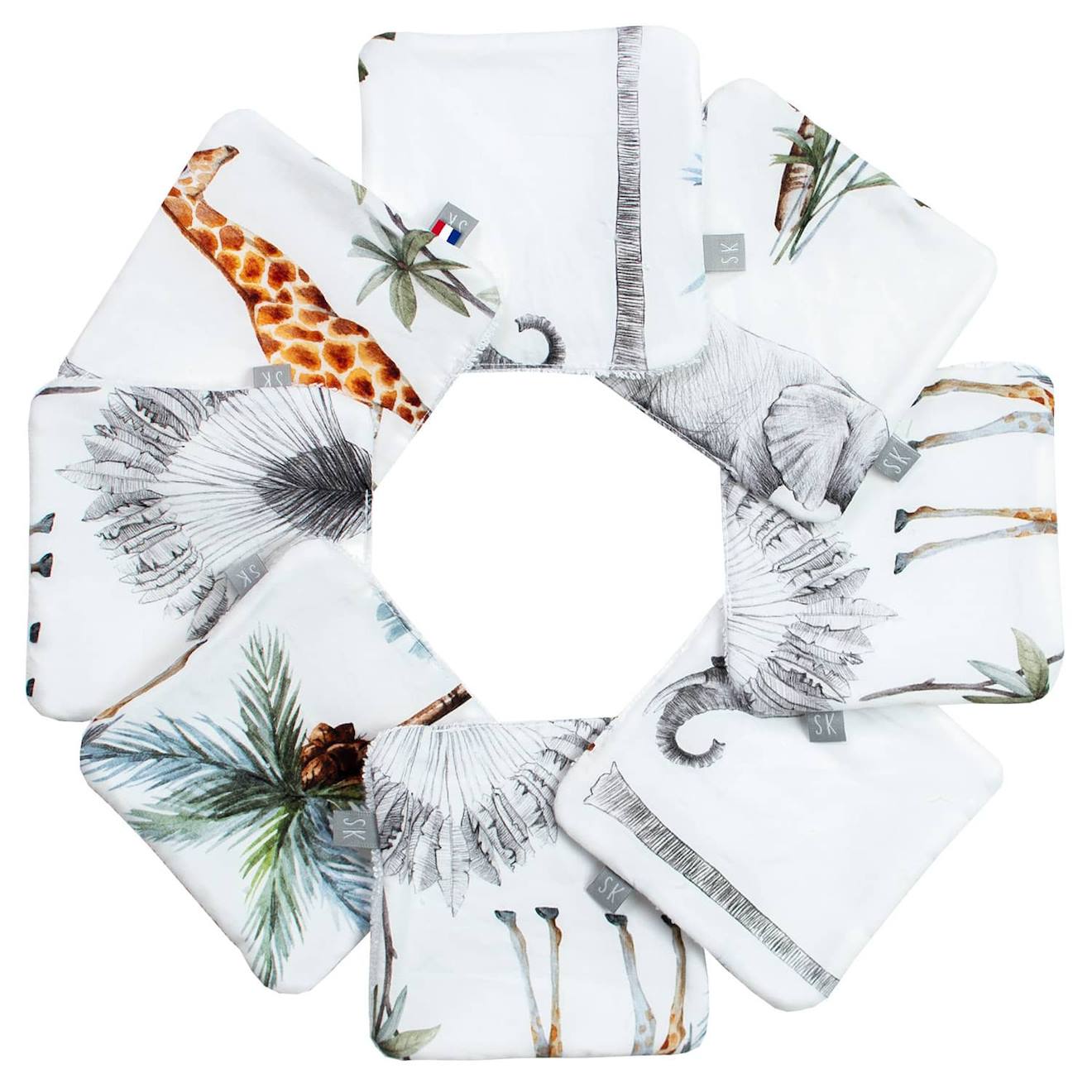 Lingettes Bébé Lavables 8 Pièces Safari, Vert, Gris, Blanc