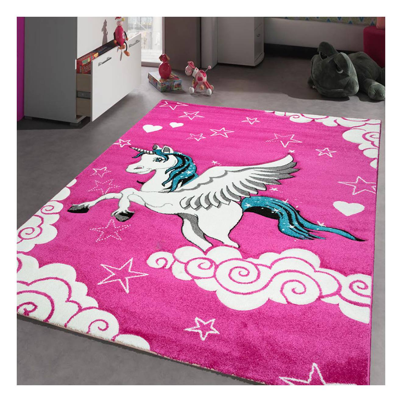 Tapis Chambre Tissé Motif Enfant Licorne Rose