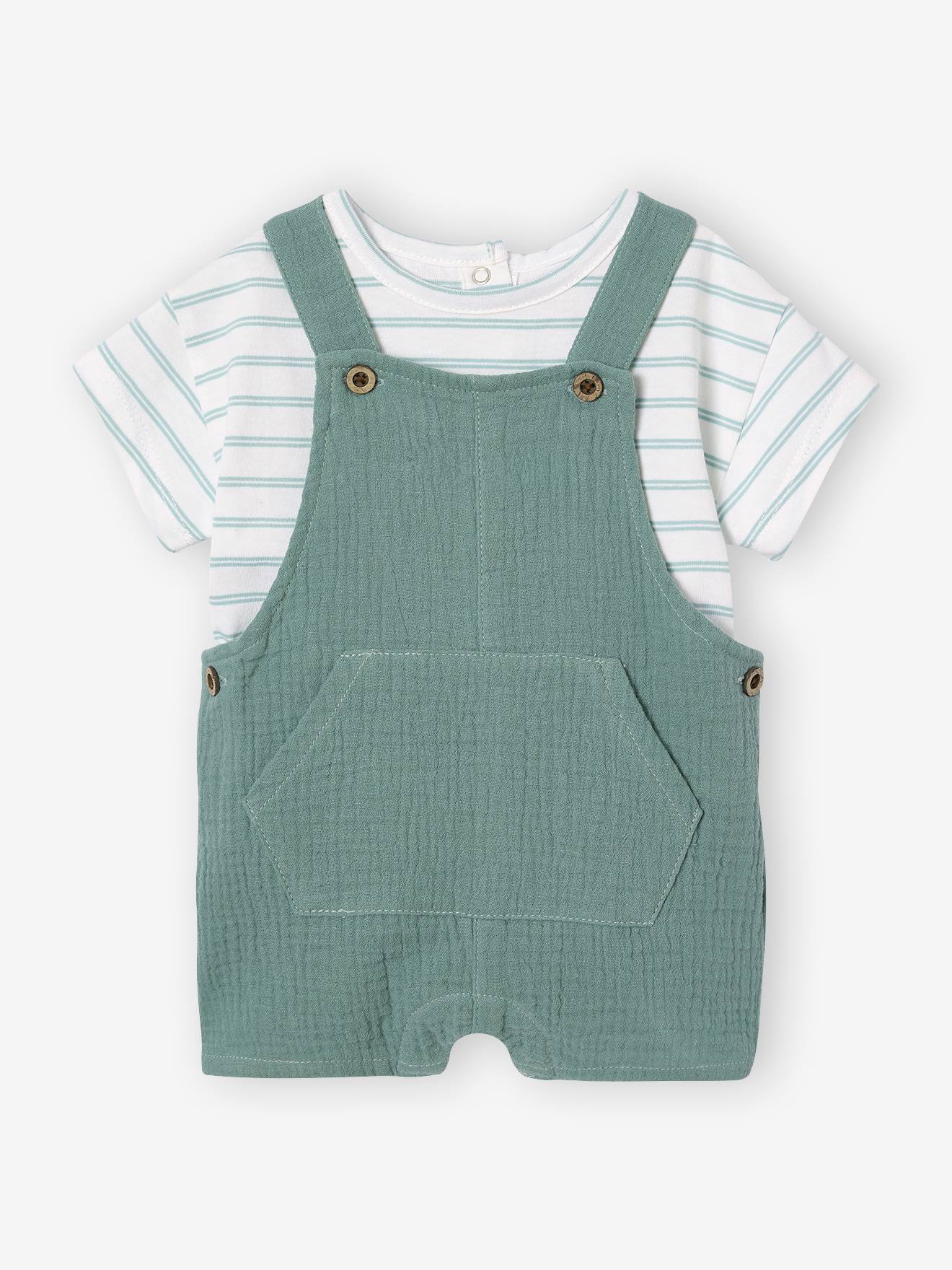 Ensemble t-shirt rayé et salopette courte personnalisable en gaze de coton bébé vert émeraude
