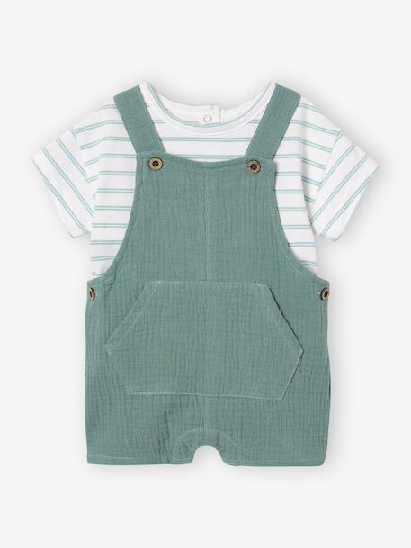 Bébé-Salopette, combinaison-Ensemble t-shirt rayé et salopette courte personnalisable en gaze de coton bébé