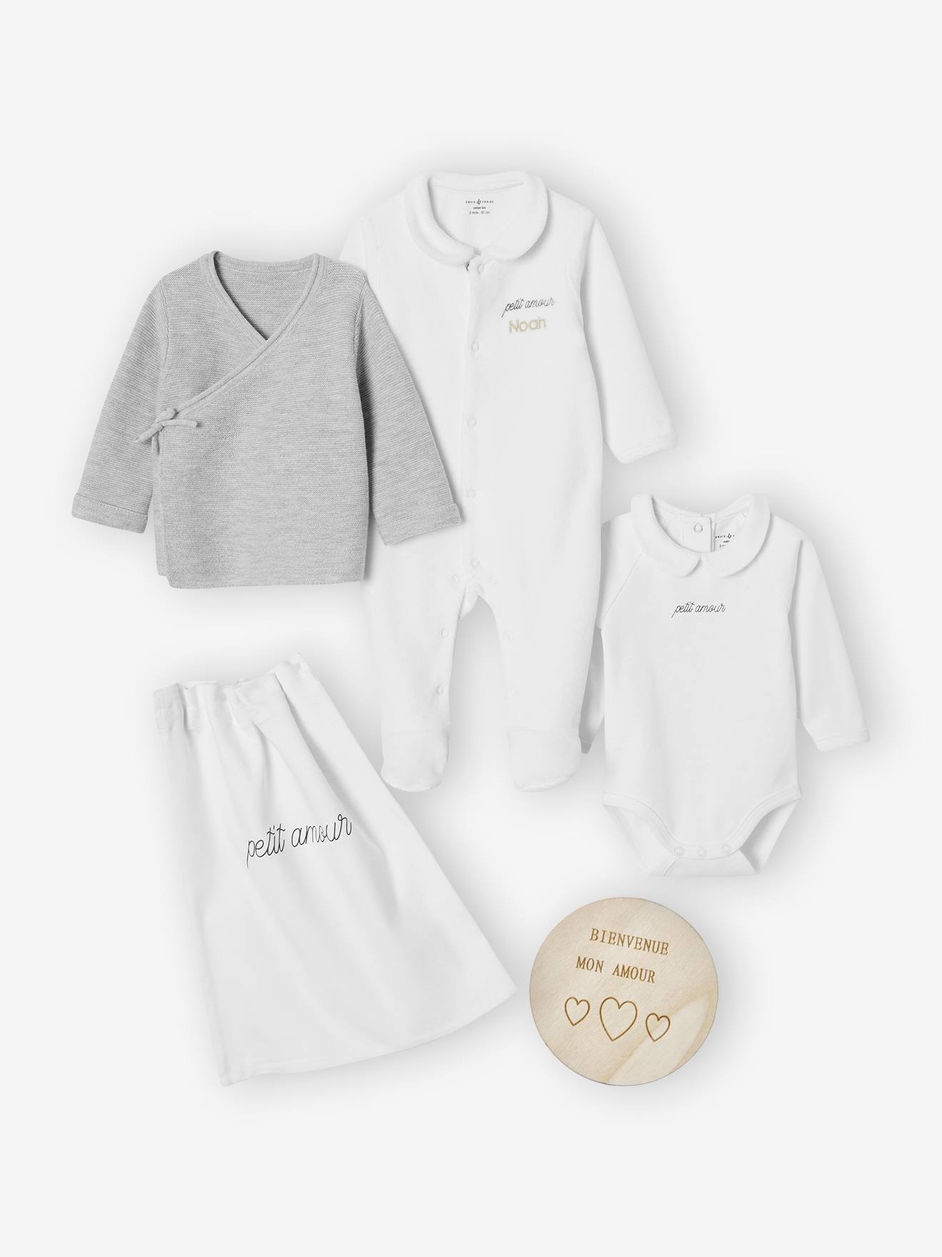 Kit naissance personnalisable brassire body pyjama cartelette de bienvenue et pochon blanc 49 €
