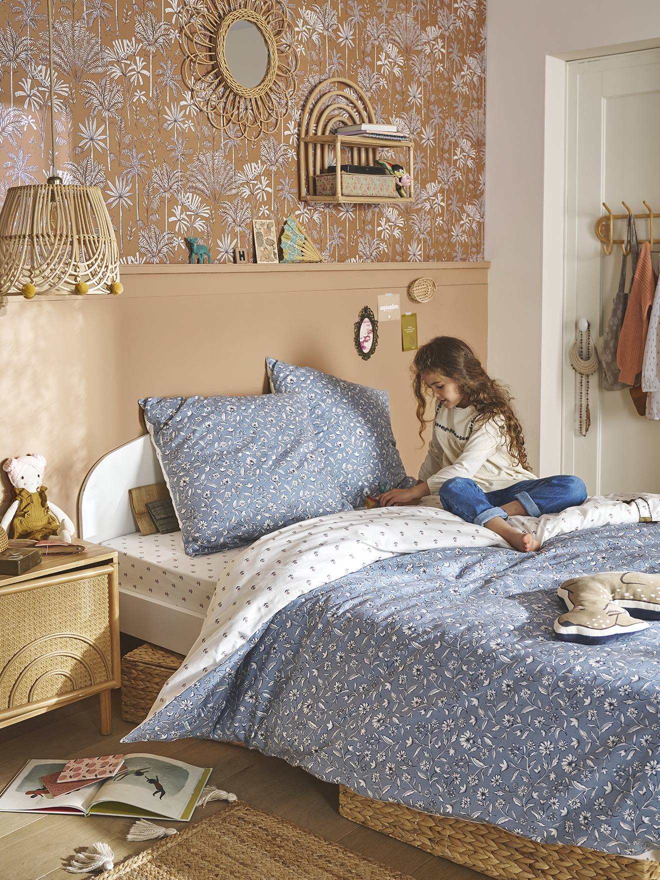 VERTBAUDET Drap-Housse Enfant India Blue – Coton Recyclé, Motifs Fleurs Doux, 90x190 Cm – Parfait Pour Lit Évolutif