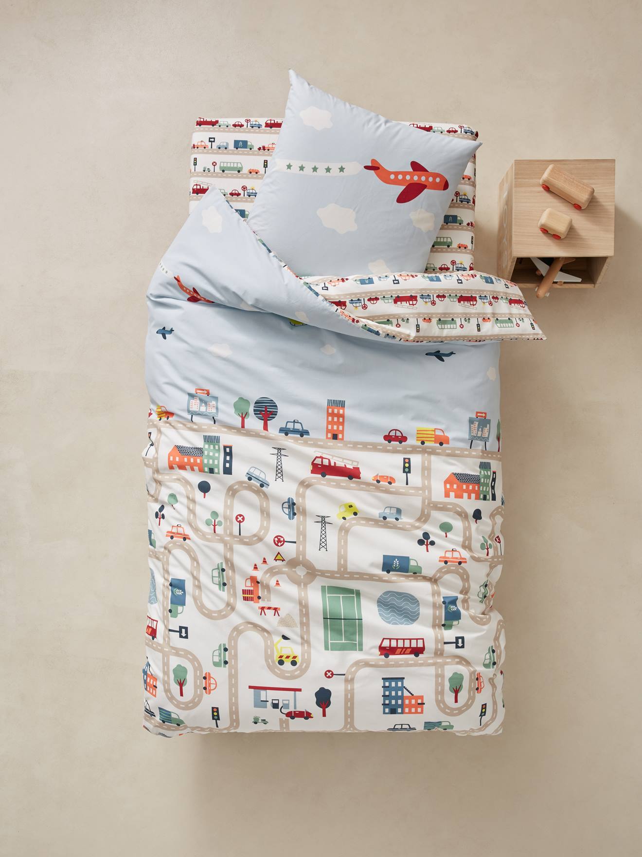 Parure housse de couette + taie d'oreiller enfant AUTO-CITY beige imprimé