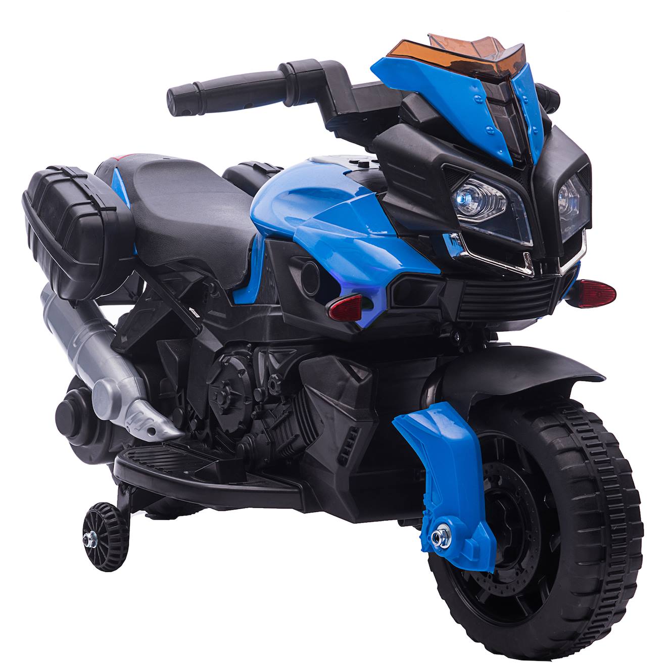Moto Électrique Enfant 6v 3 Km/h Effets Lumineux Et Sonores Roulettes Amovibles Repose-pied Valises Latérales Bleu