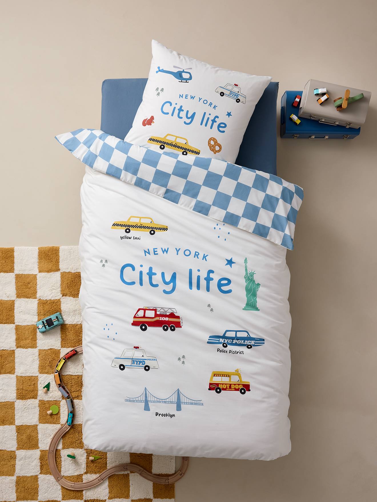Parure housse de couette + taie d'oreiller enfant avec coton recyclé VARSITY carreaux bleu