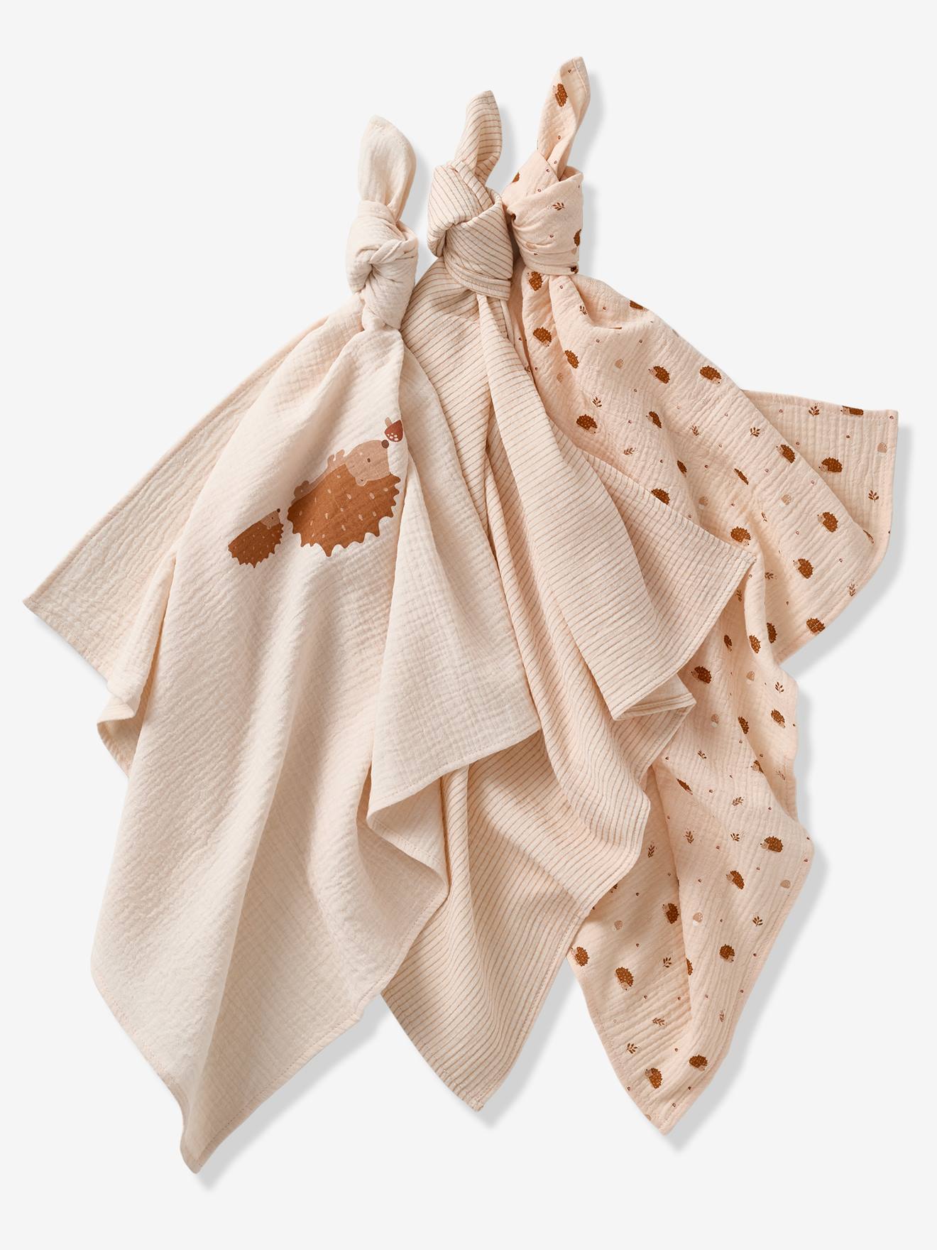 Lot de 3 langes en gaze de coton HERISSON beige imprimé (Vertbaudet) - Image 1