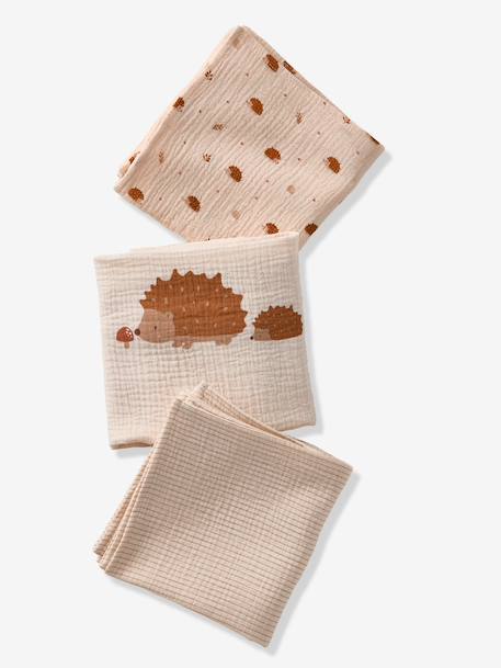 Vertbaudet - Lot de 3 langes en gaze de coton HERISSON beige imprimé