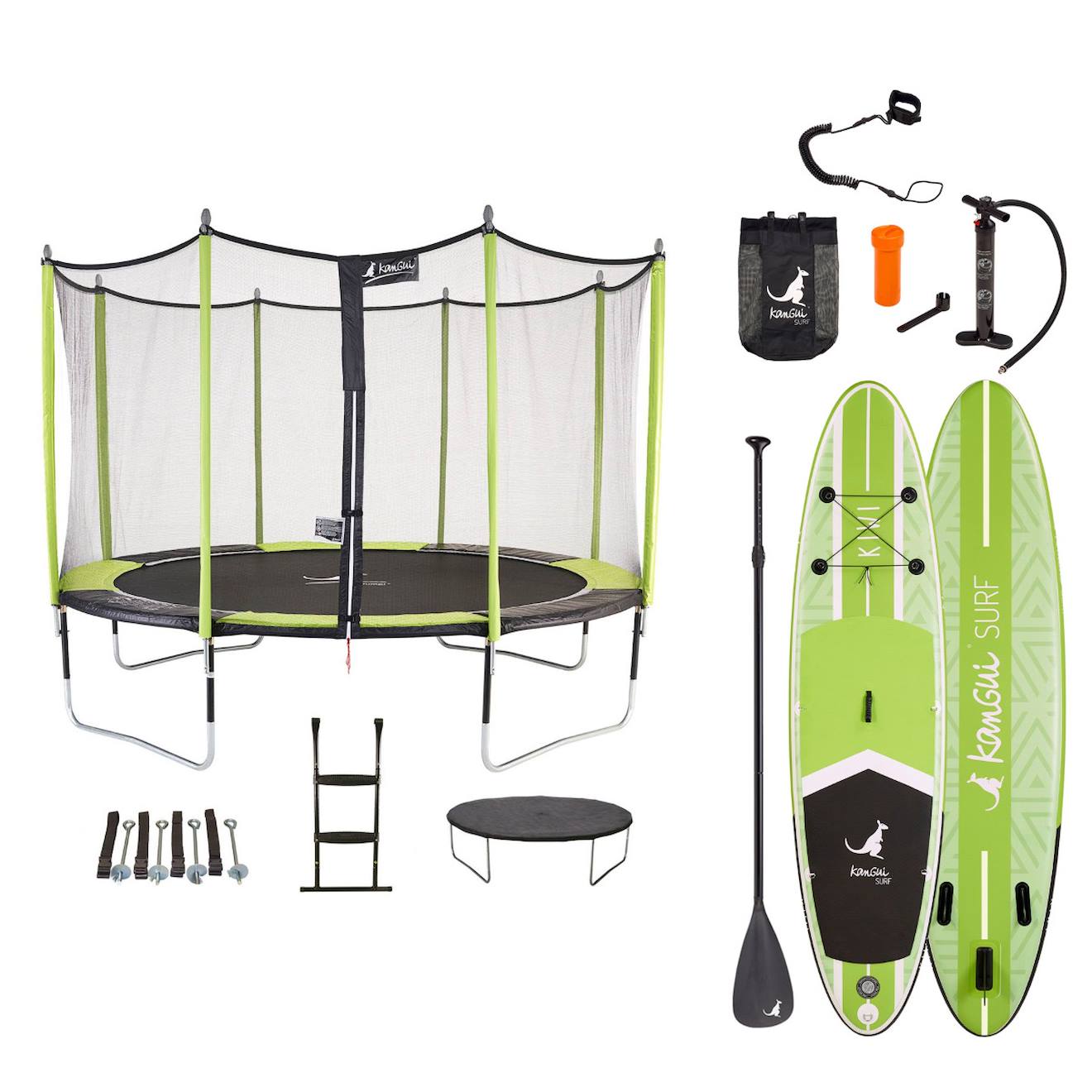 Trampoline 365cm + Filet + Échelle + Bâche + Kit D'ancrage Jumpi Vert/noir 360 + Paddle Kiwi 320cm Vert