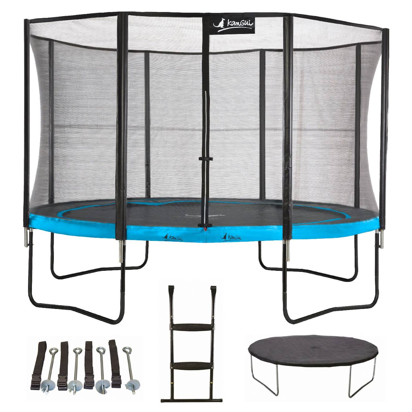 Trampoline 365 Cm + Filet + Échelle + Bâche + Kit Ancrage Punchi Bleu Bleu