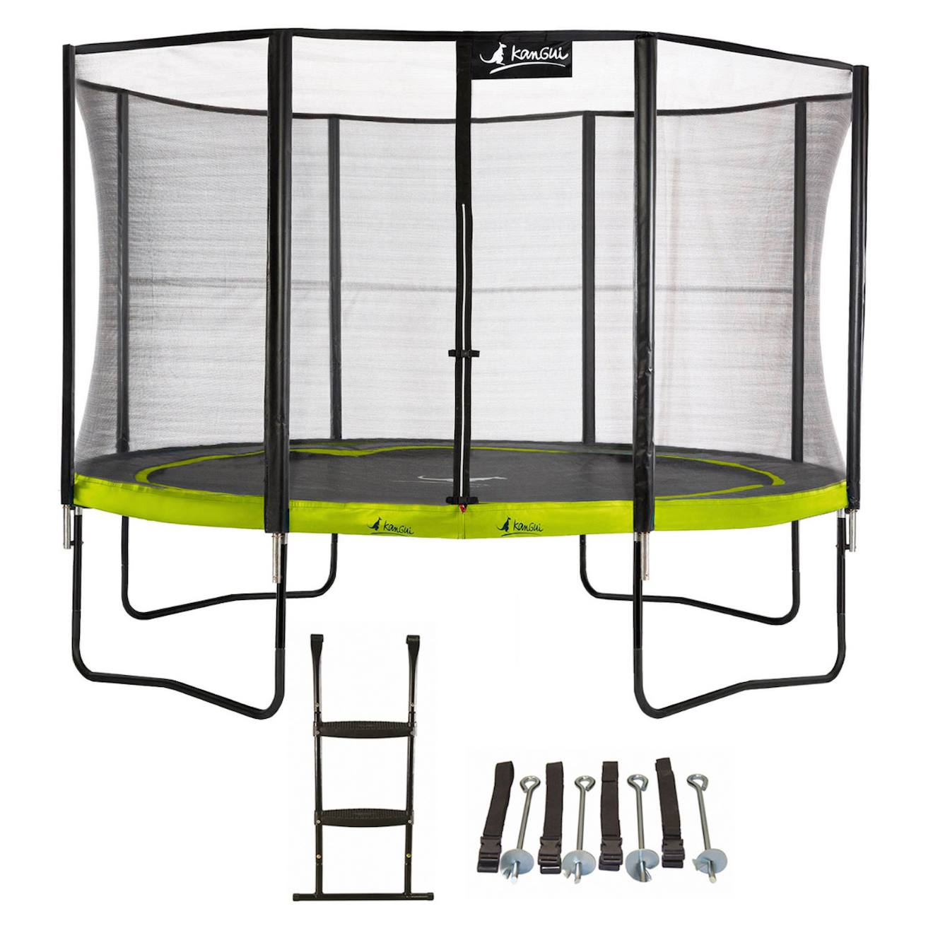 Trampoline De Jardin 365 Cm + Filet De Sécurité + Échelle + Kit Ancrage Punchi Vert 360 Vert