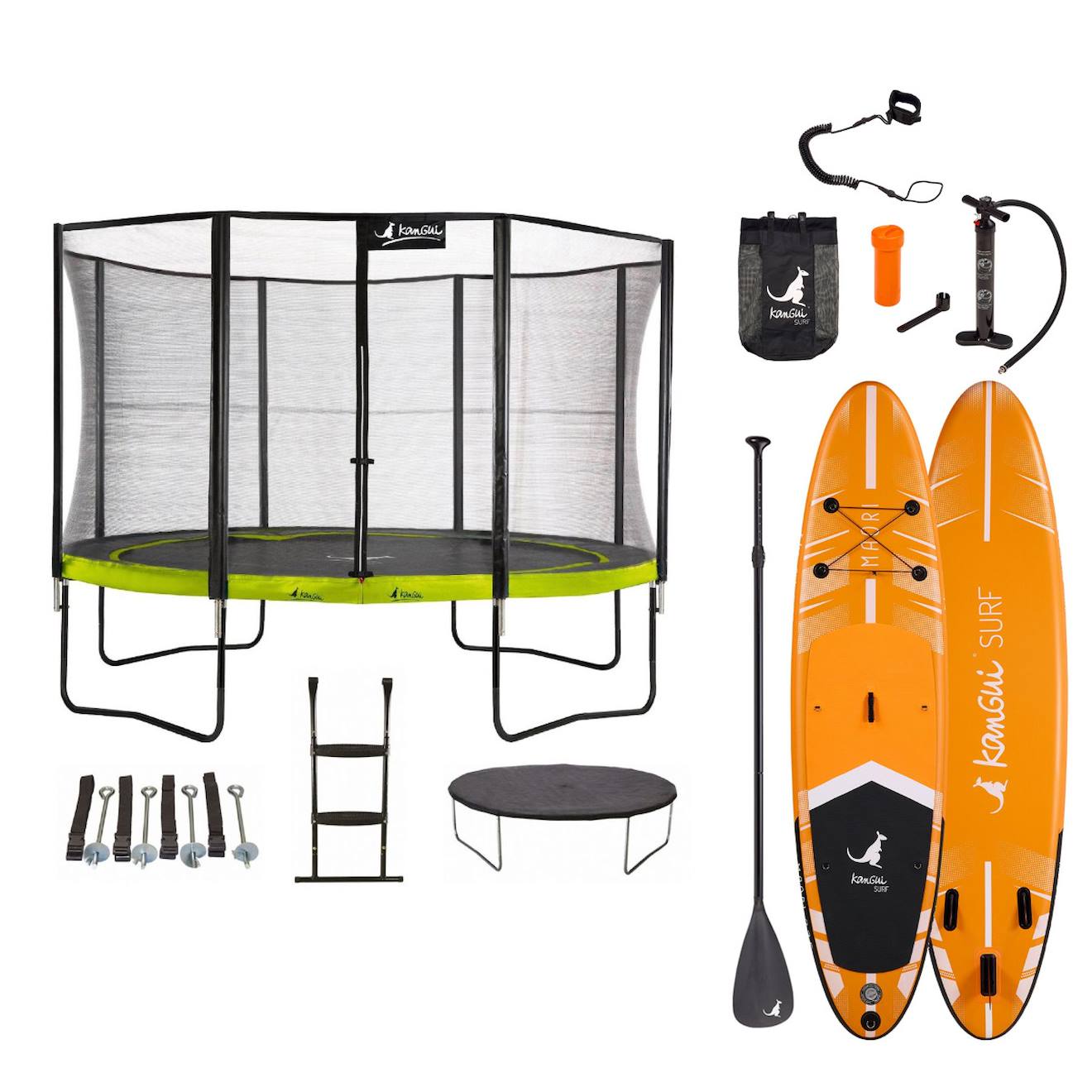 Trampoline 430cm + Filet + Échelle + Bâche + Kit D'ancrage Punchi Vert 430 + Paddle Maori 335cm Vert