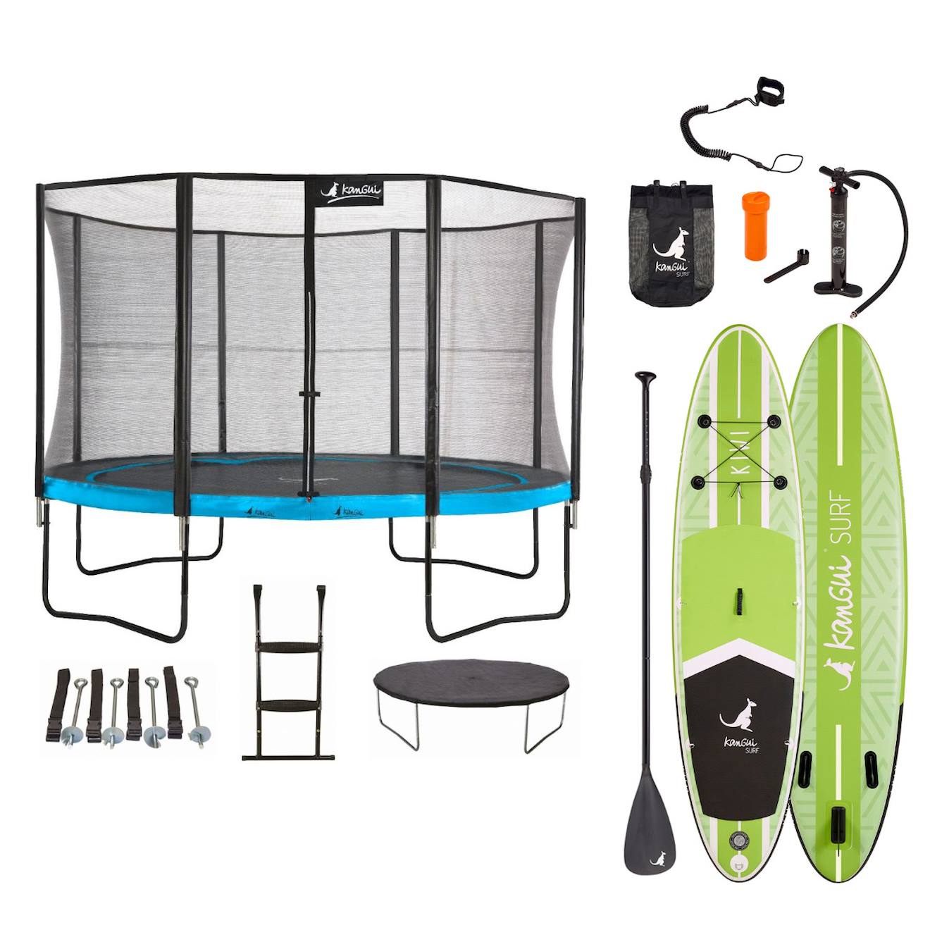 Trampoline 365cm + Filet + Échelle + Bâche + Kit D'ancrage Punchi Bleu 360 + Paddle Kiwi 320cm Bleu