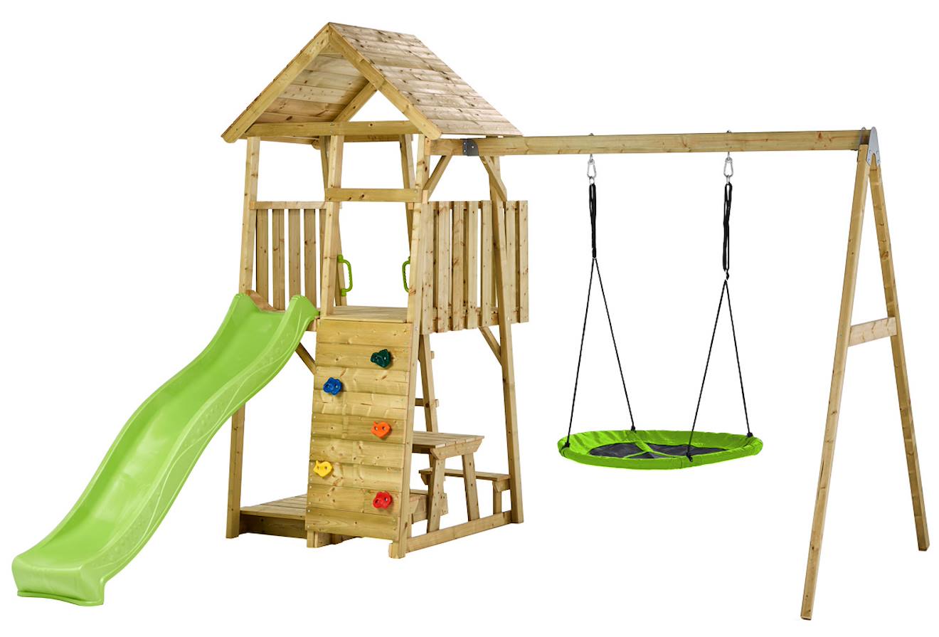 Aire De Jeux Bois Woodi - 2 Balançoires Ou 1 Nid, Toboggan, Escalade, Bac A Sable, Table Marron