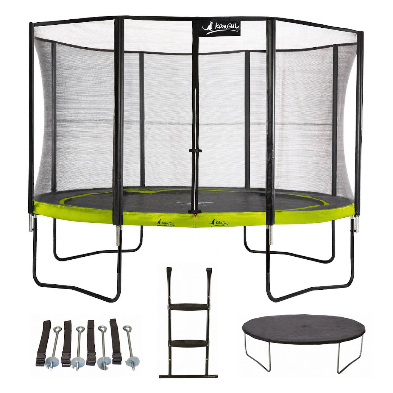 Trampoline 365 Cm + Filet + Échelle + Bâche + Kit Ancrage Punchi Vert. Vert