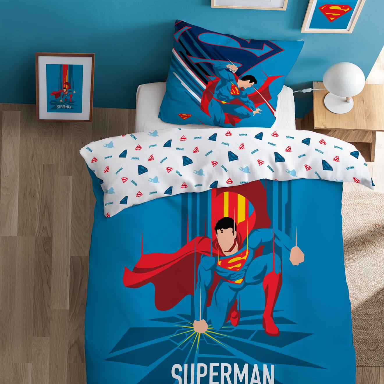 Parure De Lit Imprimée 100% Coton, Superman Supera Bleu