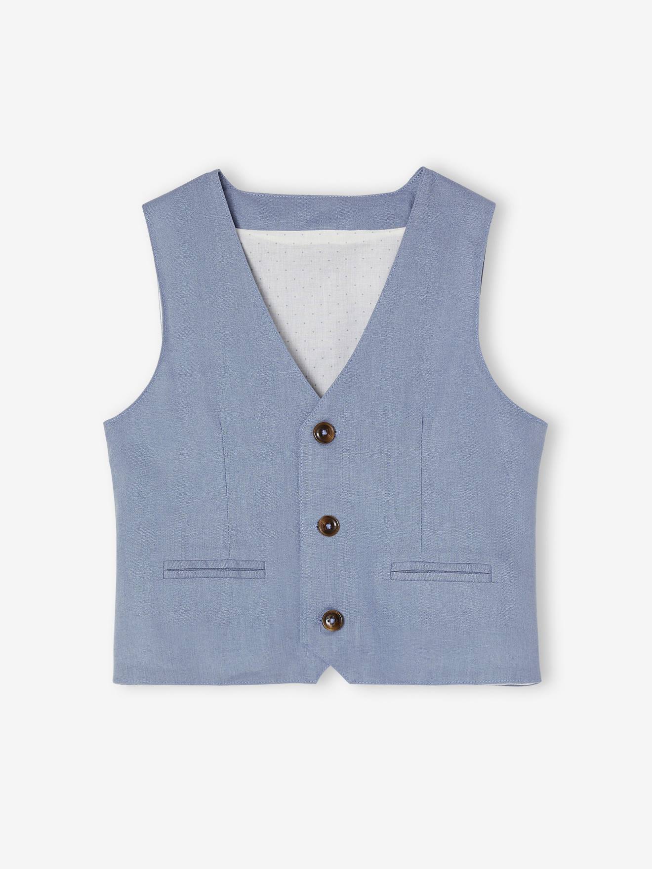 Veste sans manches de cérémonie garçon en coton/ lin bleu