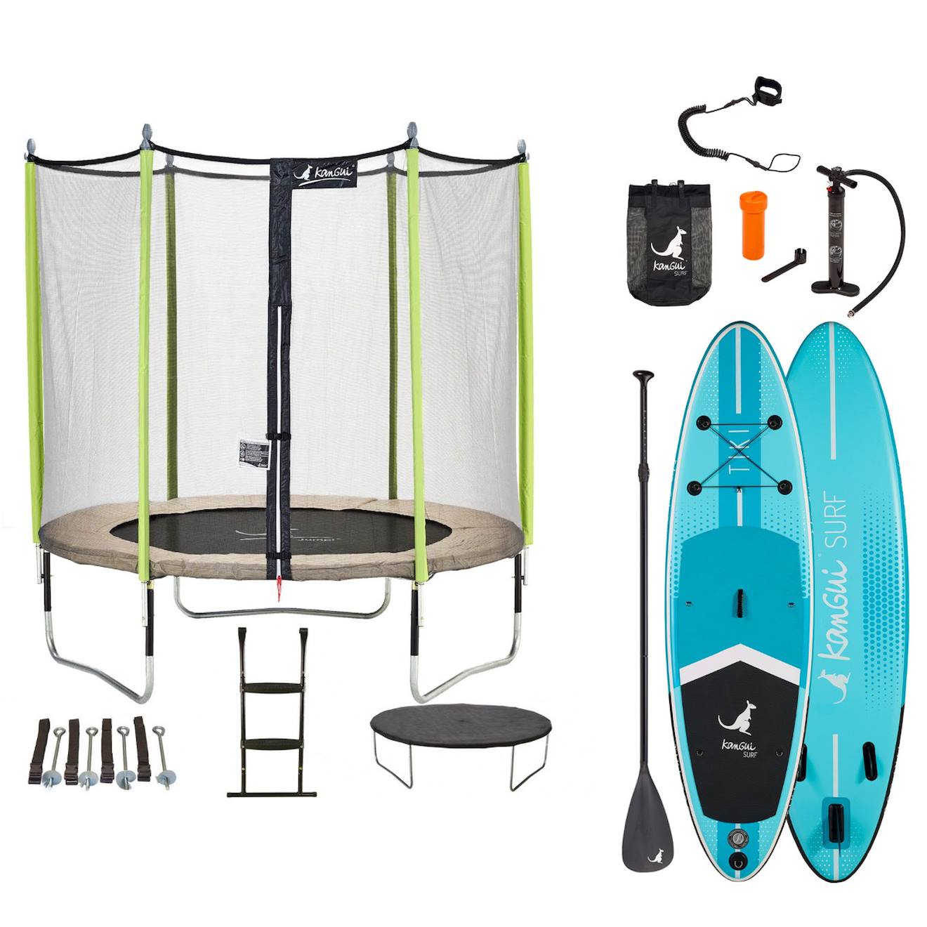 Trampoline 244cm + Filet + Échelle + Bâche + Kit D'ancrage Jumpi Taupe/vert 250 + Paddle Tiki 305cm Vert