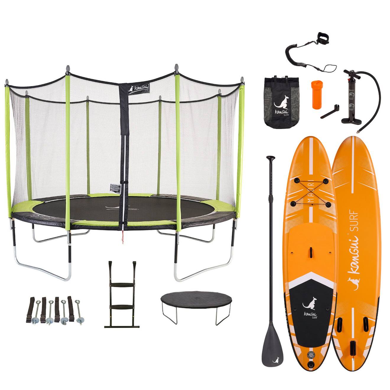 Trampoline 426cm + Filet + Échelle + Bâche + Kit Ancrage Jumpi Vert/noir 430 + Paddle Maori 335cm Vert