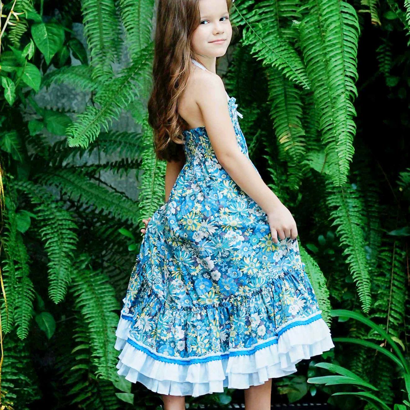 Robe Cérémonie Bohème Fleurie Liberty Esmeralda Bleu Fleurie