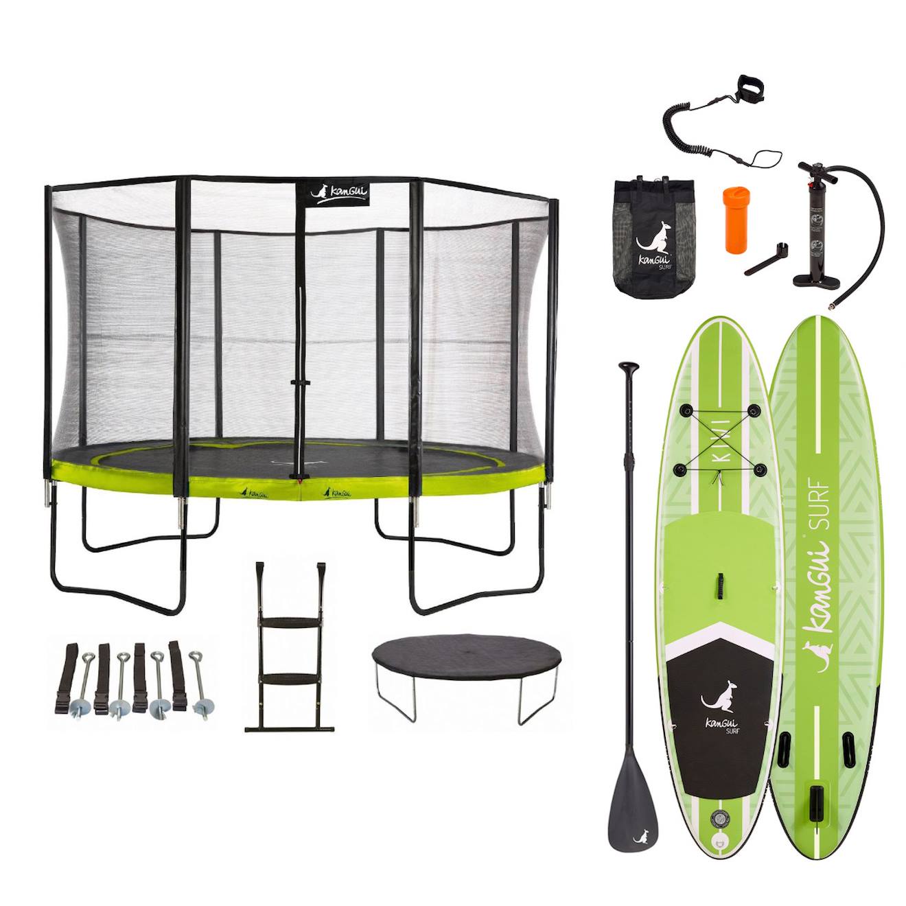 Trampoline 365cm + Filet + Échelle + Bâche + Kit D'ancrage Punchi Vert 360 + Paddle Kiwi 320cm Vert