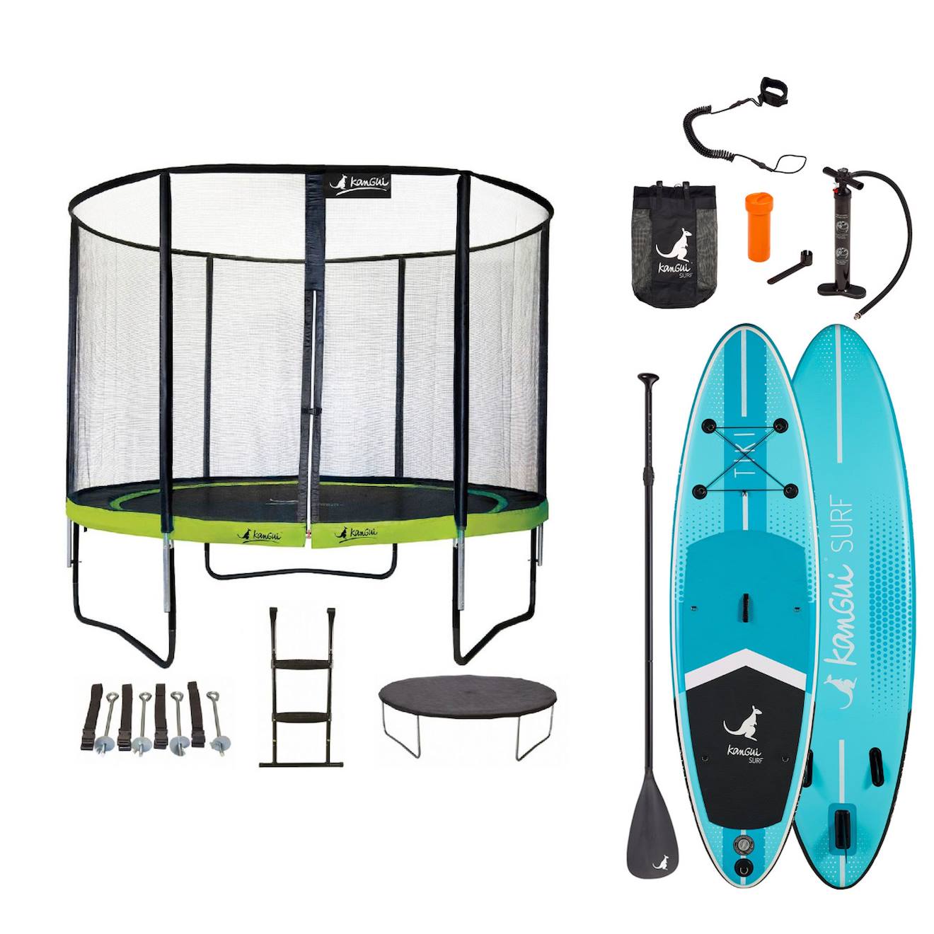 Trampoline 305cm + Filet + Échelle + Bâche + Kit D'ancrage Punchi Vert 300 + Paddle Tiki 305cm Vert