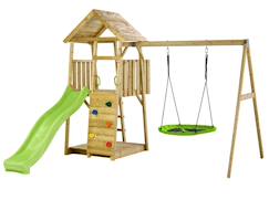 Aire de jeux bois, 2 balançoires, nid, toboggan, escalade, bac à sable woodi  - vertbaudet enfant