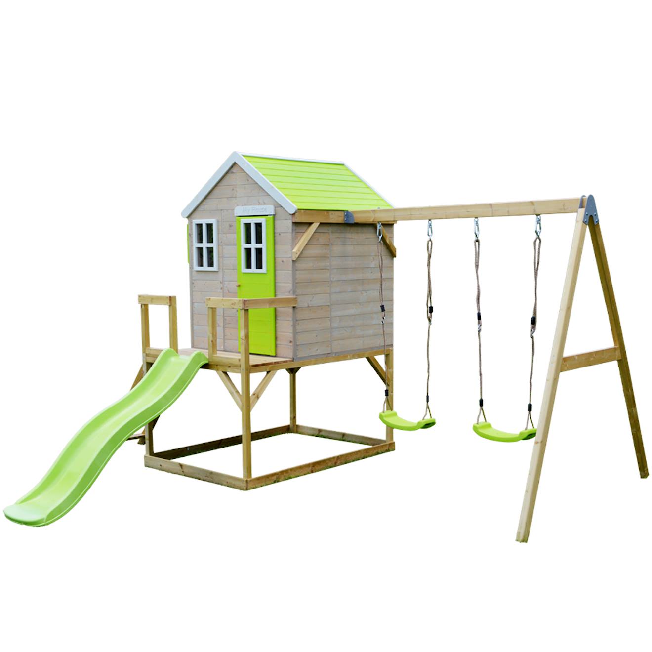Maison De Jardin Enfant Extérieur Avec Plateforme, Toboggan Et Double Balançoire - Toit Étanche - Vert Et Blanc Marron
