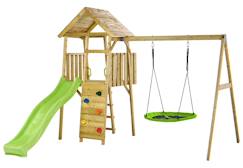 Jouet-Aire de jeux bois, 2 balançoires, nid, toboggan, escalade, cabane woodi